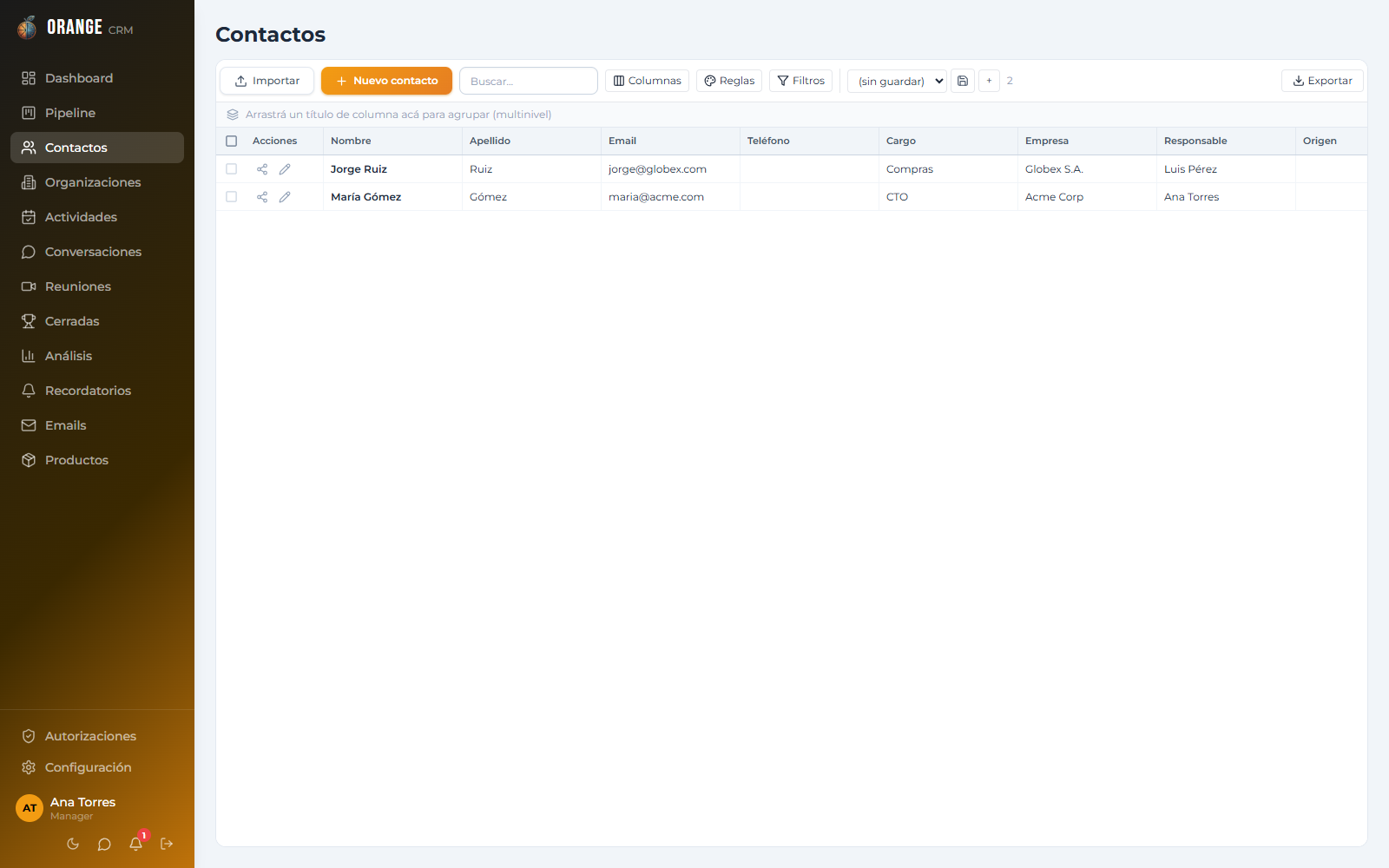 Listado de contactos en Orange CRM