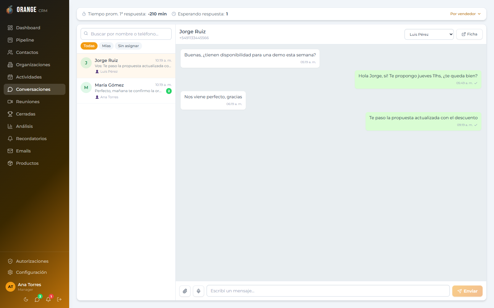 Conversaciones de WhatsApp en Orange CRM