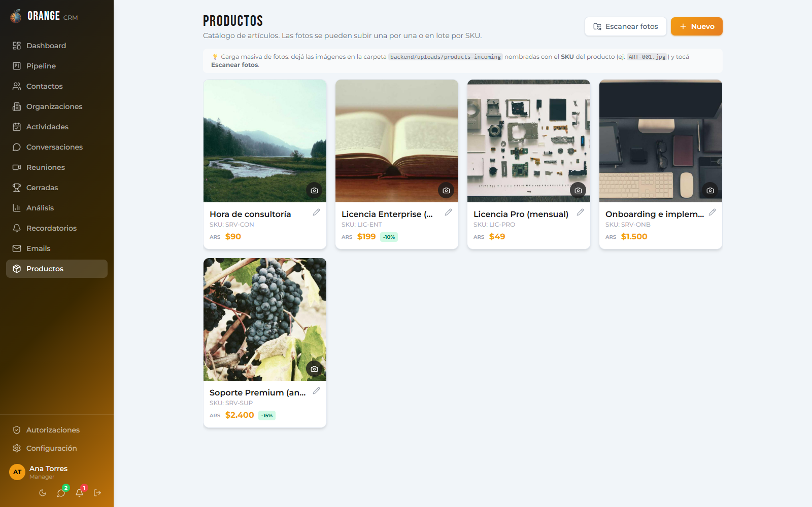 Catálogo de productos con fotos cargadas automáticamente en Orange CRM